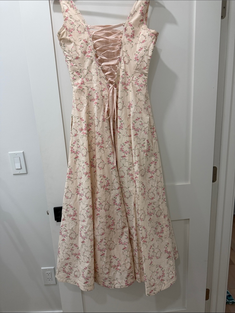 House of CB Mariabella lace up stretch cotton dress vintage floral Cream M - Picture 8 of 9